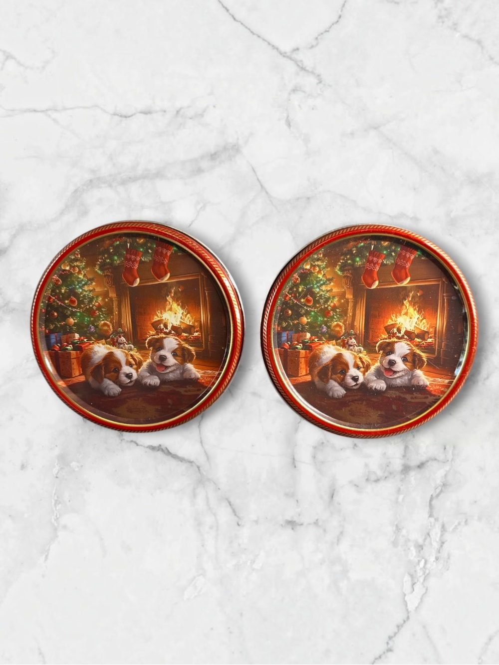 Lot of 2 round metal tins Holiday dog 5 inch